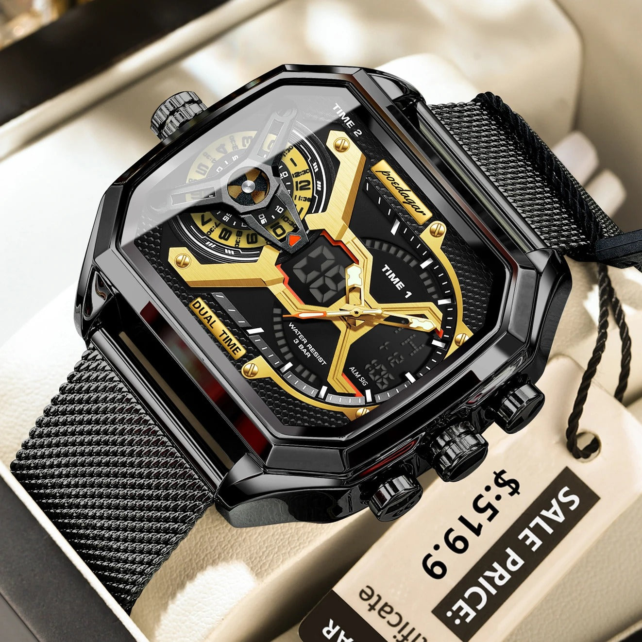 POEDAGAR Luxury Men's Quartz Watches Stainless Steel Mesh LED Waterproof Date