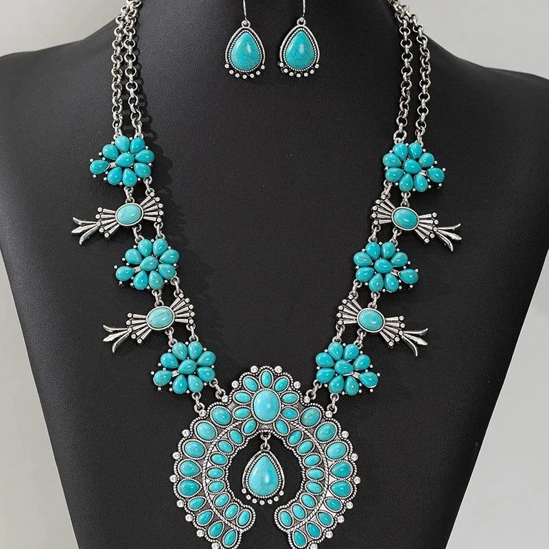 Obega 2 Pcs Set Bohemia Turquoise Stone Flower Pendant Earrings Water Drop Charm Vintage Statement Fashion Party Jewelry
