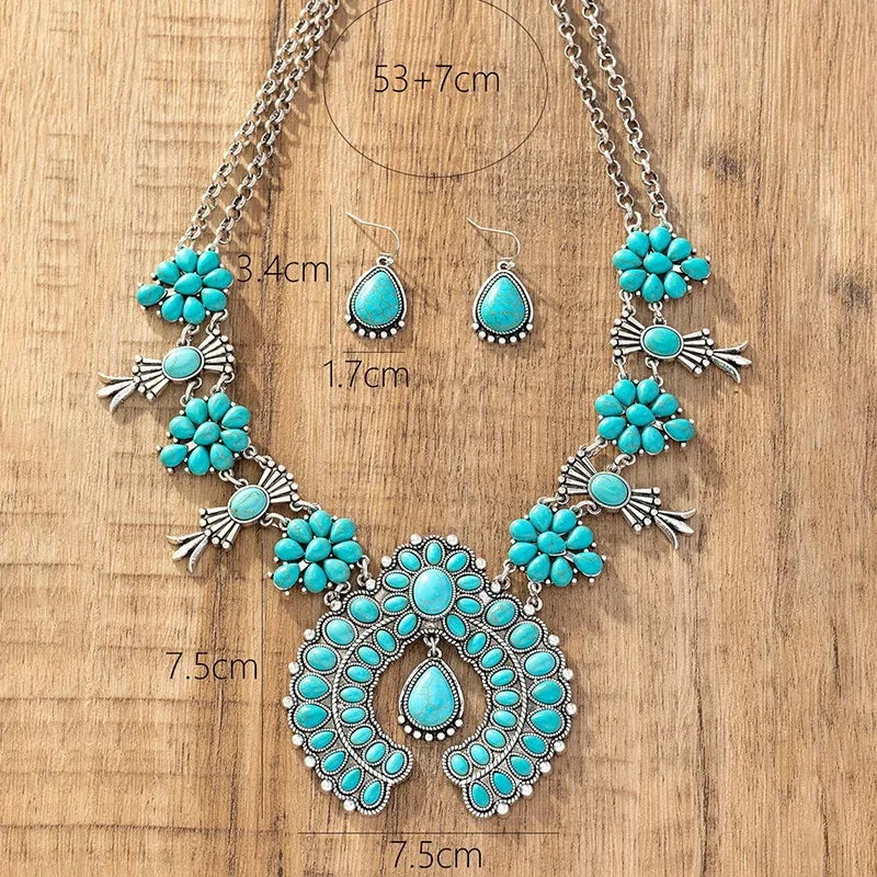 Obega 2 Pcs Set Bohemia Turquoise Stone Flower Pendant Earrings Water Drop Charm Vintage Statement Fashion Party Jewelry