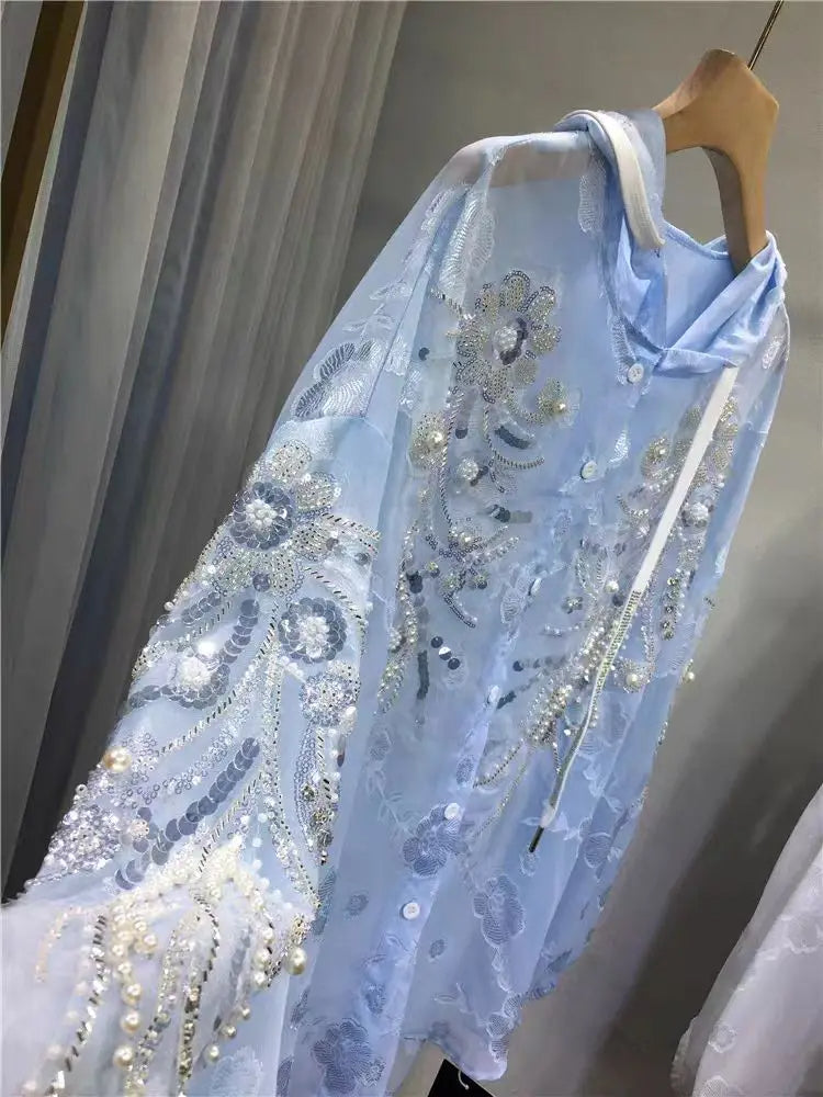 New In Sparkle Pearls Diamonds Embroidery Hooded Shirts Blouses For Women
