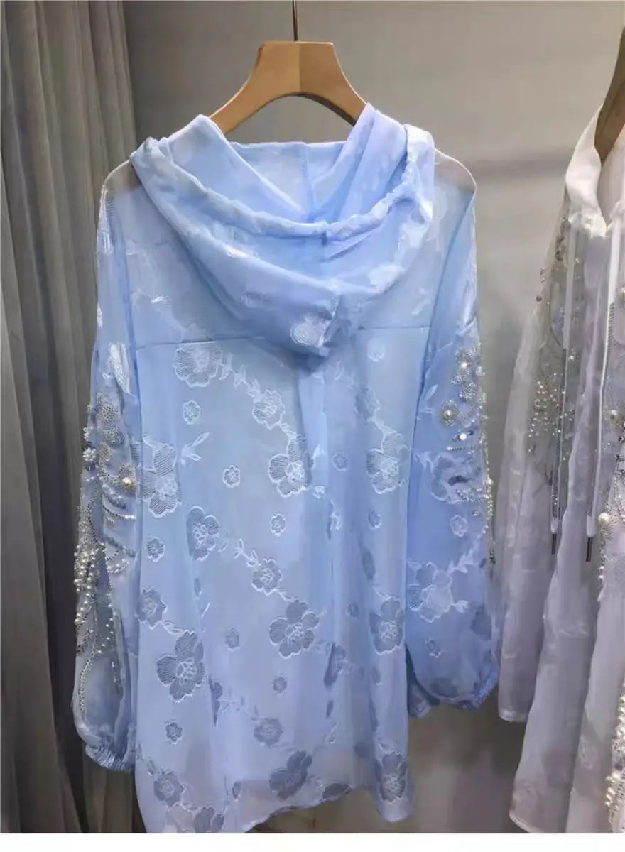 New In Sparkle Pearls Diamonds Embroidery Hooded Shirts Blouses For Women