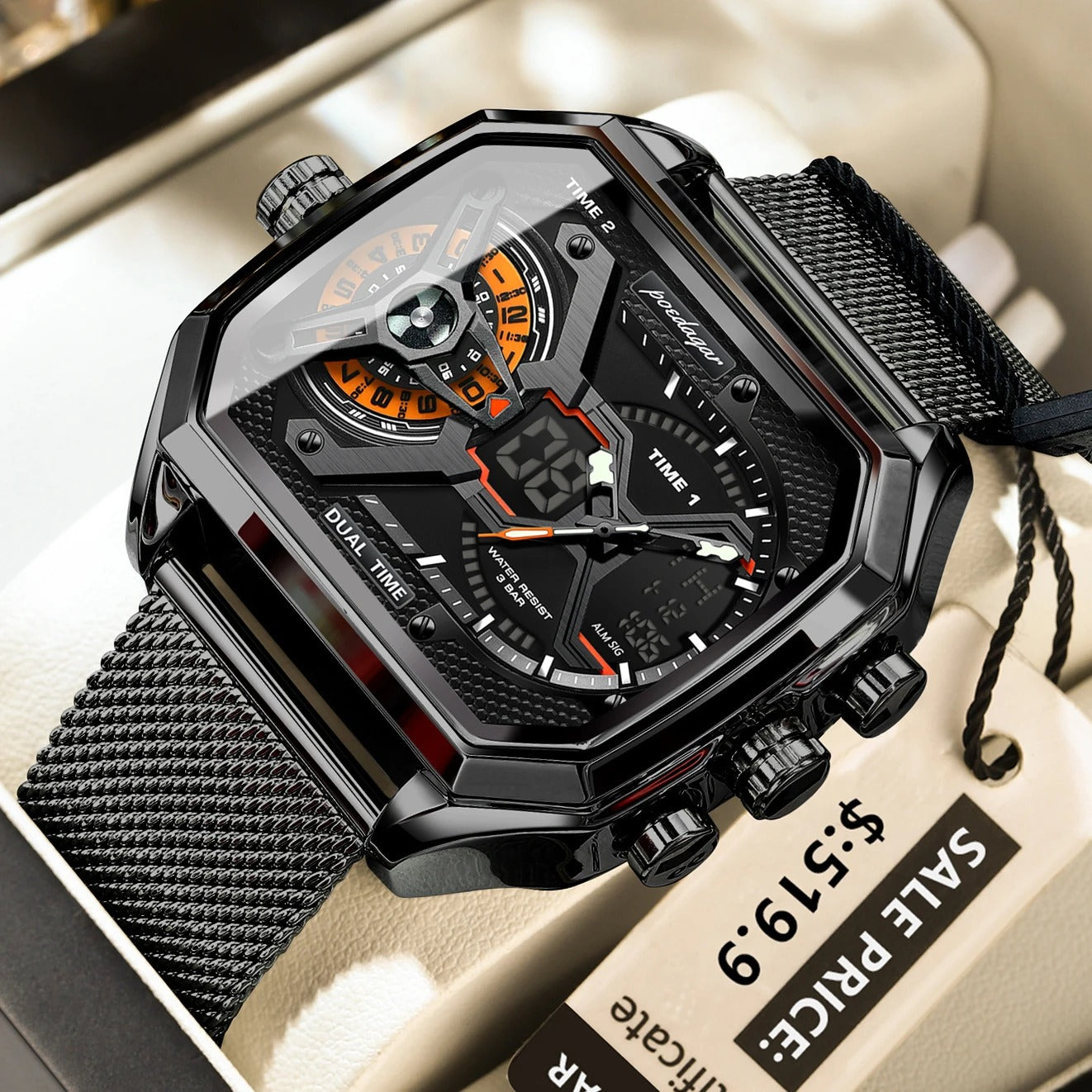 POEDAGAR Luxury Men's Quartz Watches Stainless Steel Mesh LED Waterproof Date