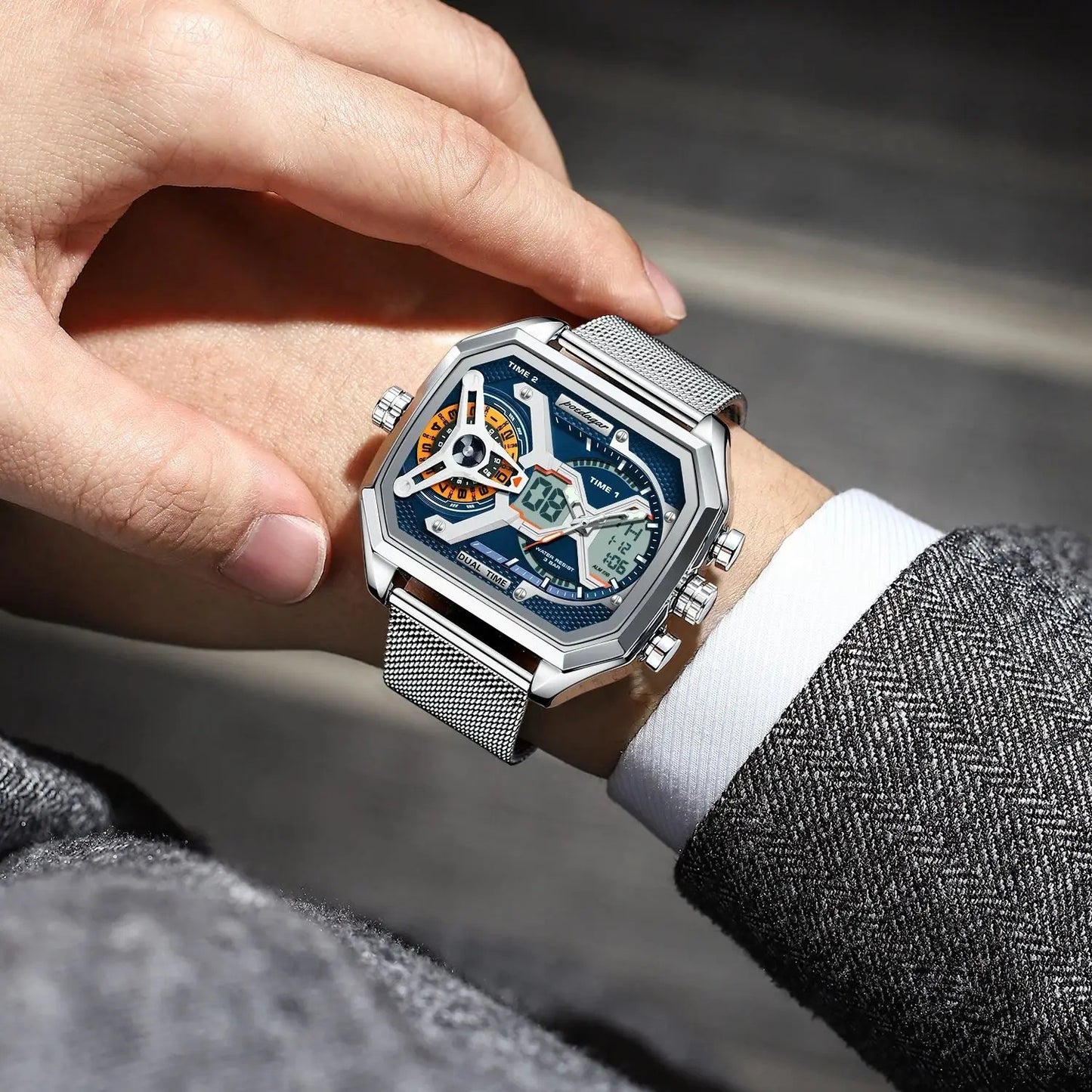POEDAGAR Luxury Men's Quartz Watches Stainless Steel Mesh LED Waterproof Date
