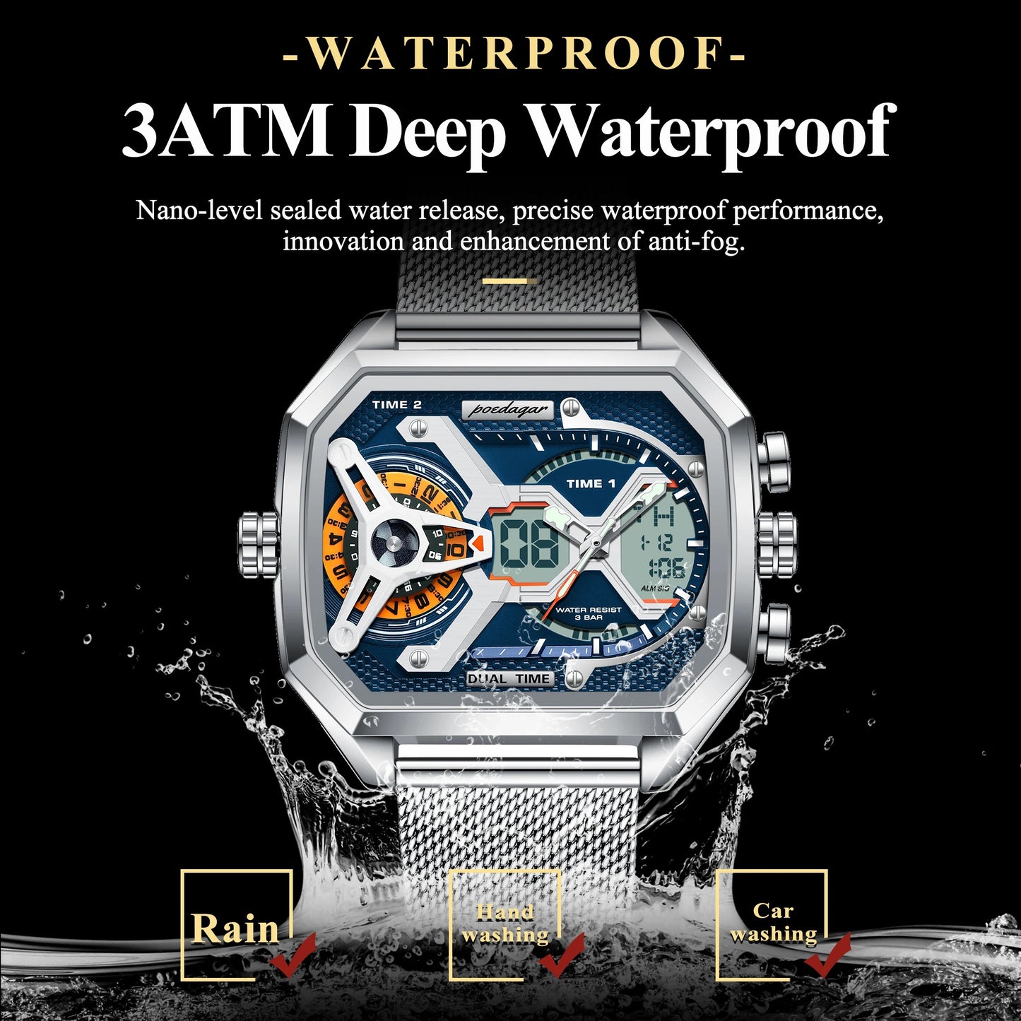 POEDAGAR Luxury Men's Quartz Watches Stainless Steel Mesh LED Waterproof Date