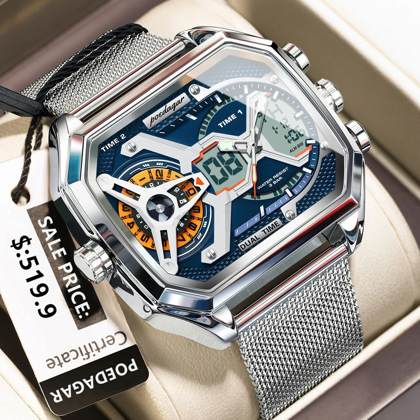 POEDAGAR Luxury Men's Quartz Watches Stainless Steel Mesh LED Waterproof Date