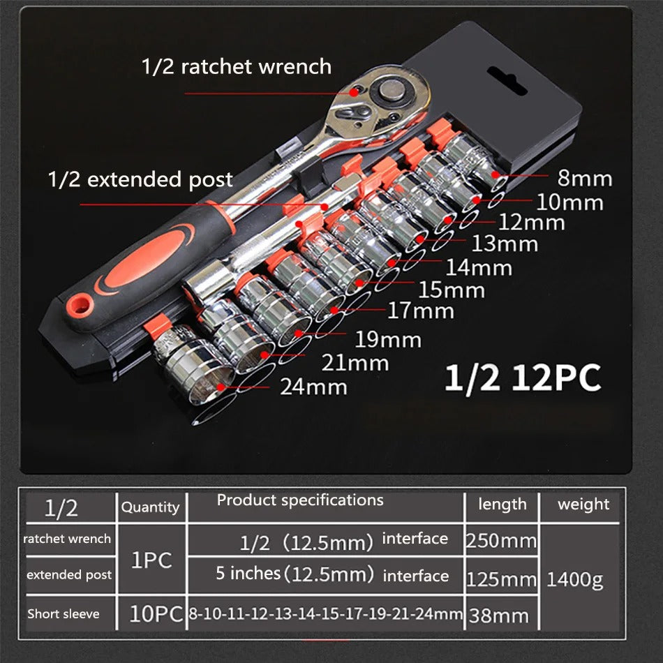 12Pcs 1/4 3/8 1/2 Inch Ratchet Socket Wrench Set Multi-function Repairing Tool Set