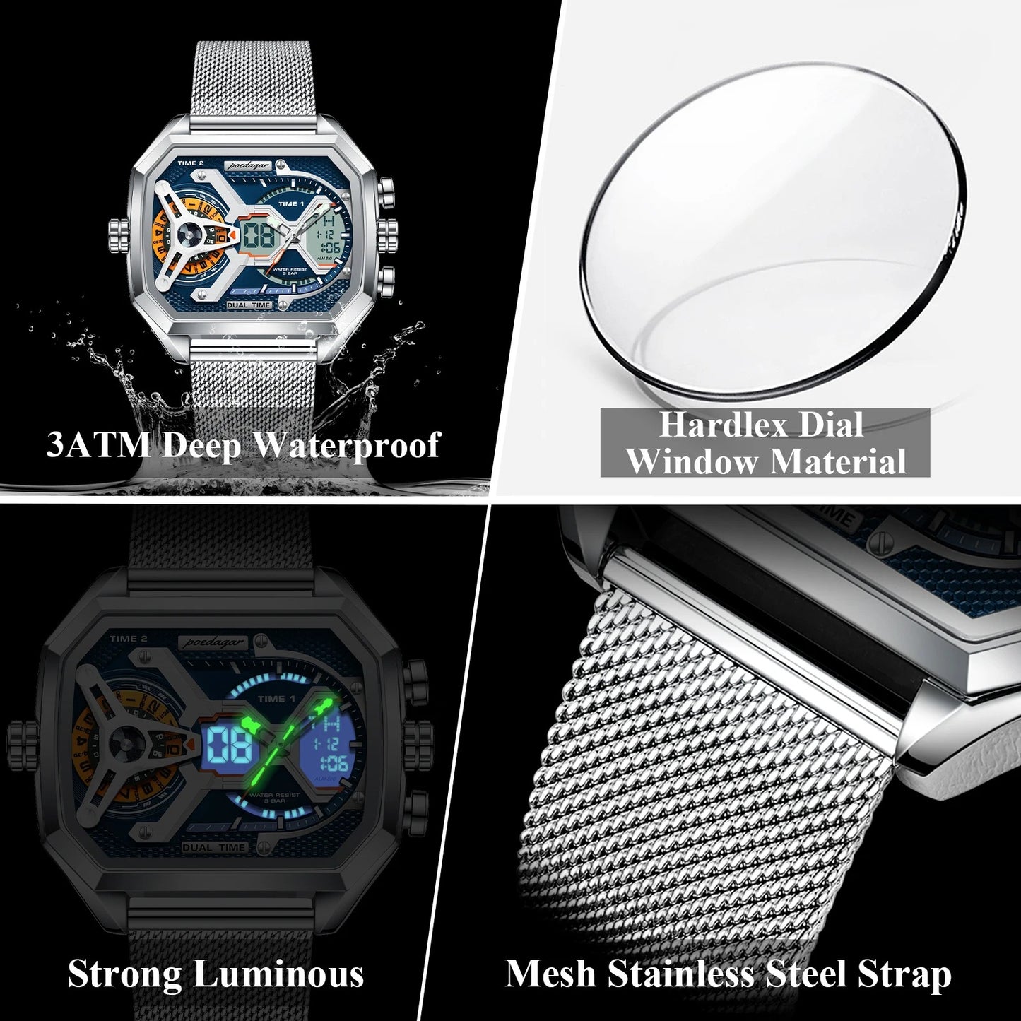 POEDAGAR Luxury Men's Quartz Watches Stainless Steel Mesh LED Waterproof Date