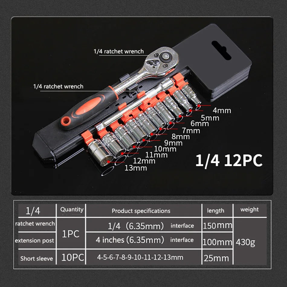 12Pcs 1/4 3/8 1/2 Inch Ratchet Socket Wrench Set Multi-function Repairing Tool Set