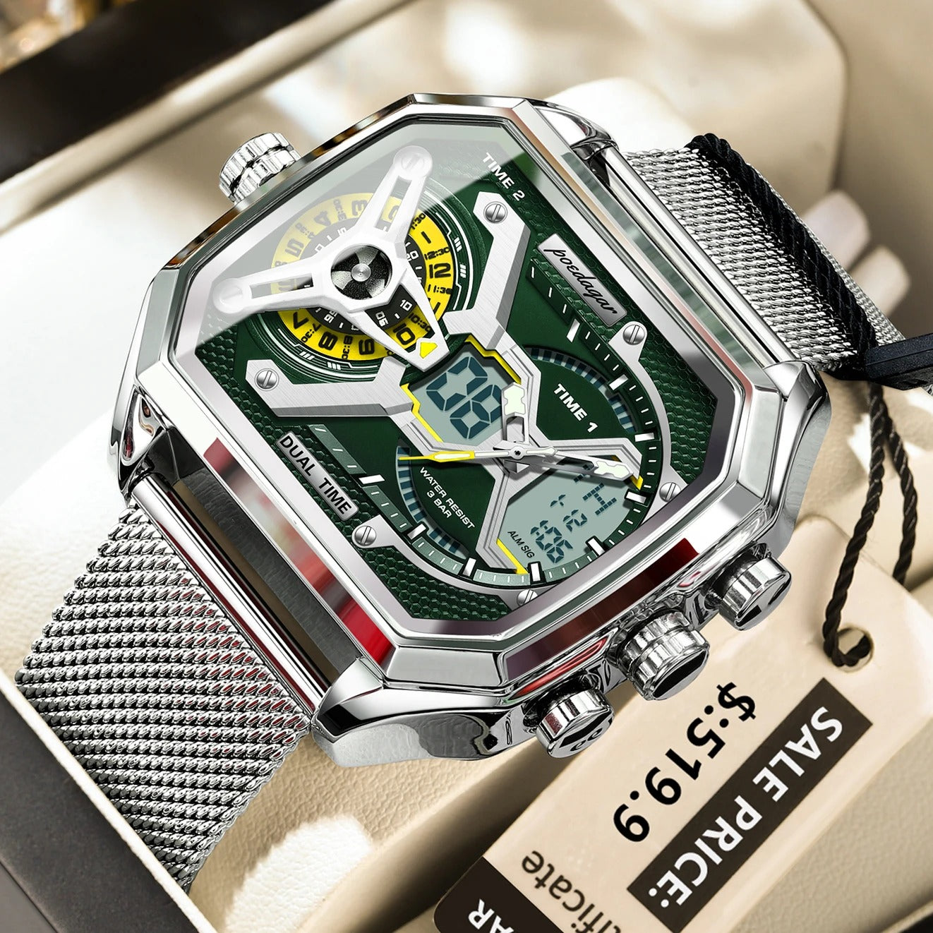 POEDAGAR Luxury Men's Quartz Watches Stainless Steel Mesh LED Waterproof Date