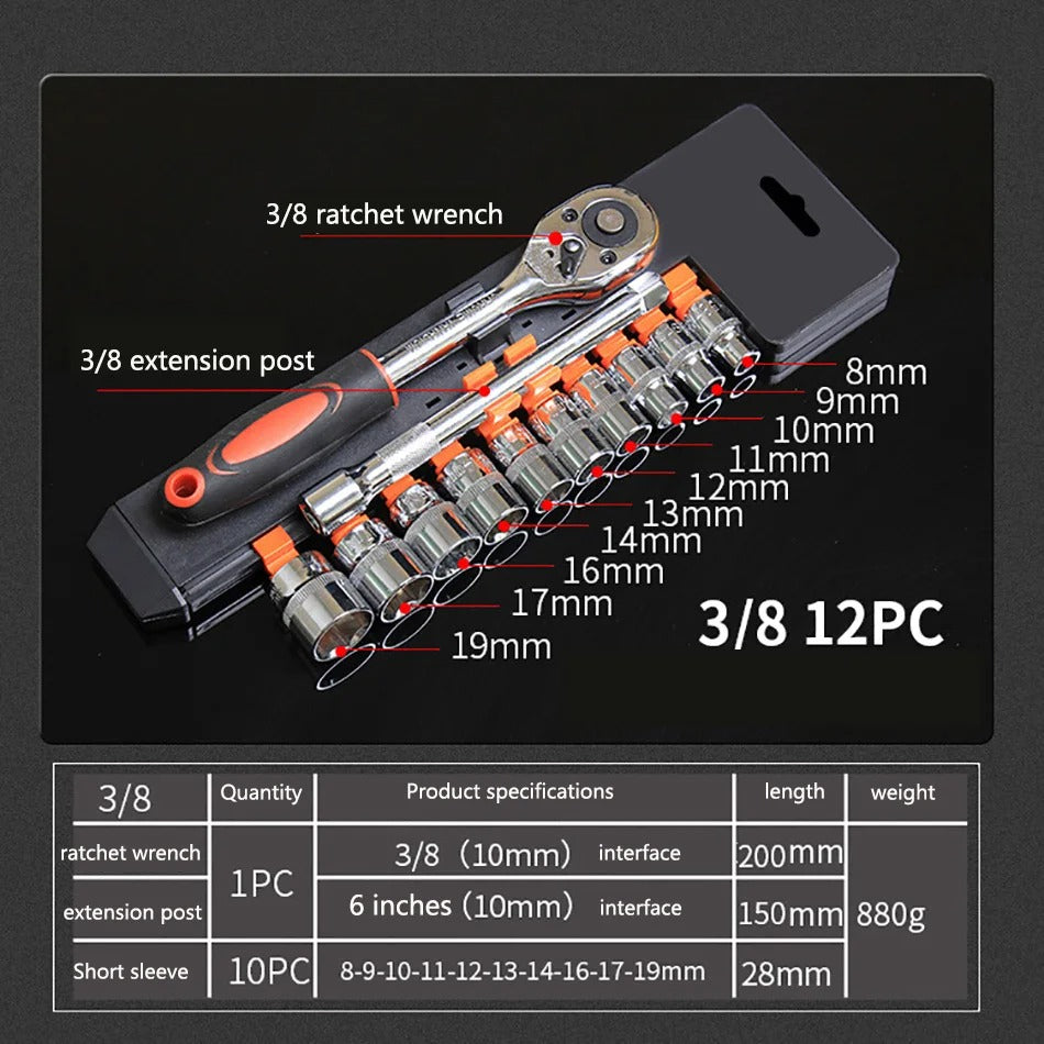 12Pcs 1/4 3/8 1/2 Inch Ratchet Socket Wrench Set Multi-function Repairing Tool Set