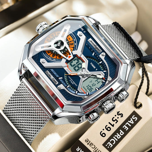 POEDAGAR Luxury Men's Quartz Watches Stainless Steel Mesh LED Waterproof Date