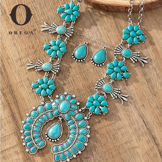 Obega 2 Pcs Set Bohemia Turquoise Stone Flower Pendant Earrings Water Drop Charm Vintage Statement Fashion Party Jewelry