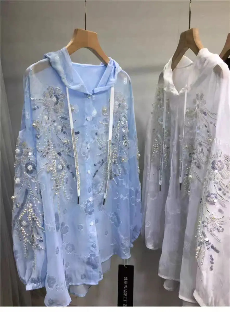 New In Sparkle Pearls Diamonds Embroidery Hooded Shirts Blouses For Women