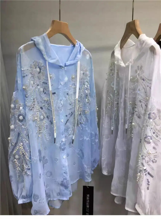 New In Sparkle Pearls Diamonds Embroidery Hooded Shirts Blouses For Women