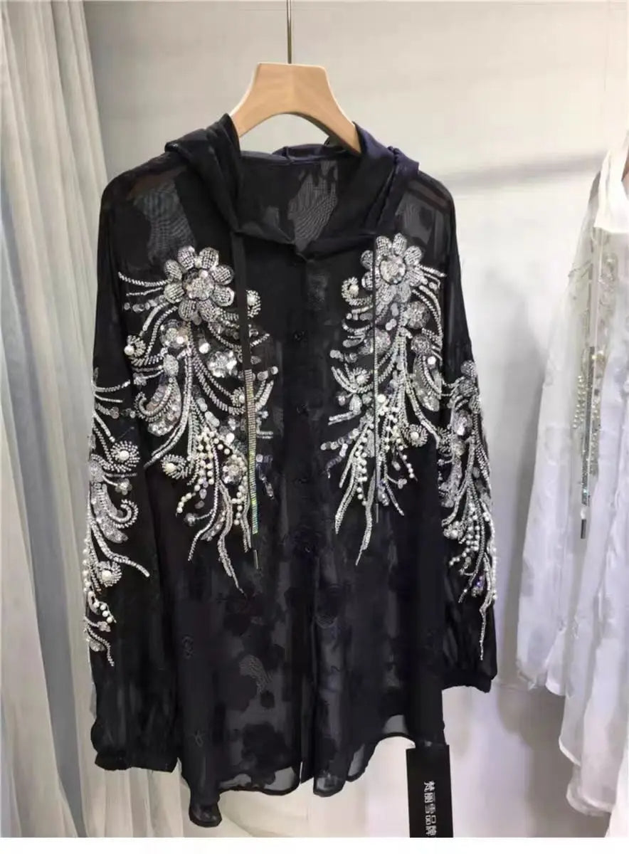 New In Sparkle Pearls Diamonds Embroidery Hooded Shirts Blouses For Women