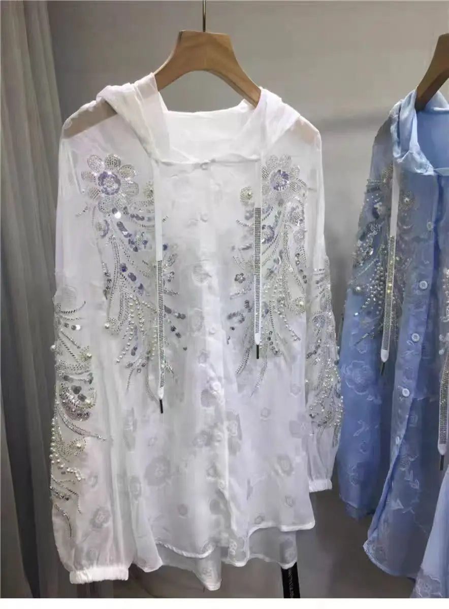 New In Sparkle Pearls Diamonds Embroidery Hooded Shirts Blouses For Women