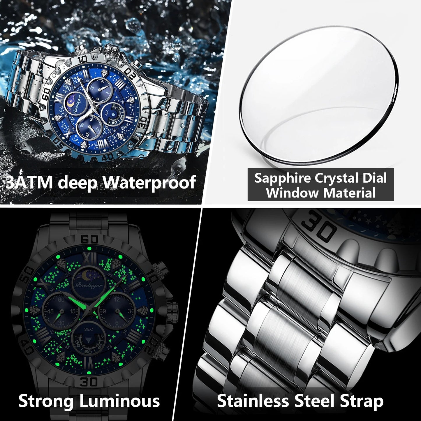 POEDAGAR Luxury Man Wristwatch Waterproof Luminous Chronograph Sports Men Watch