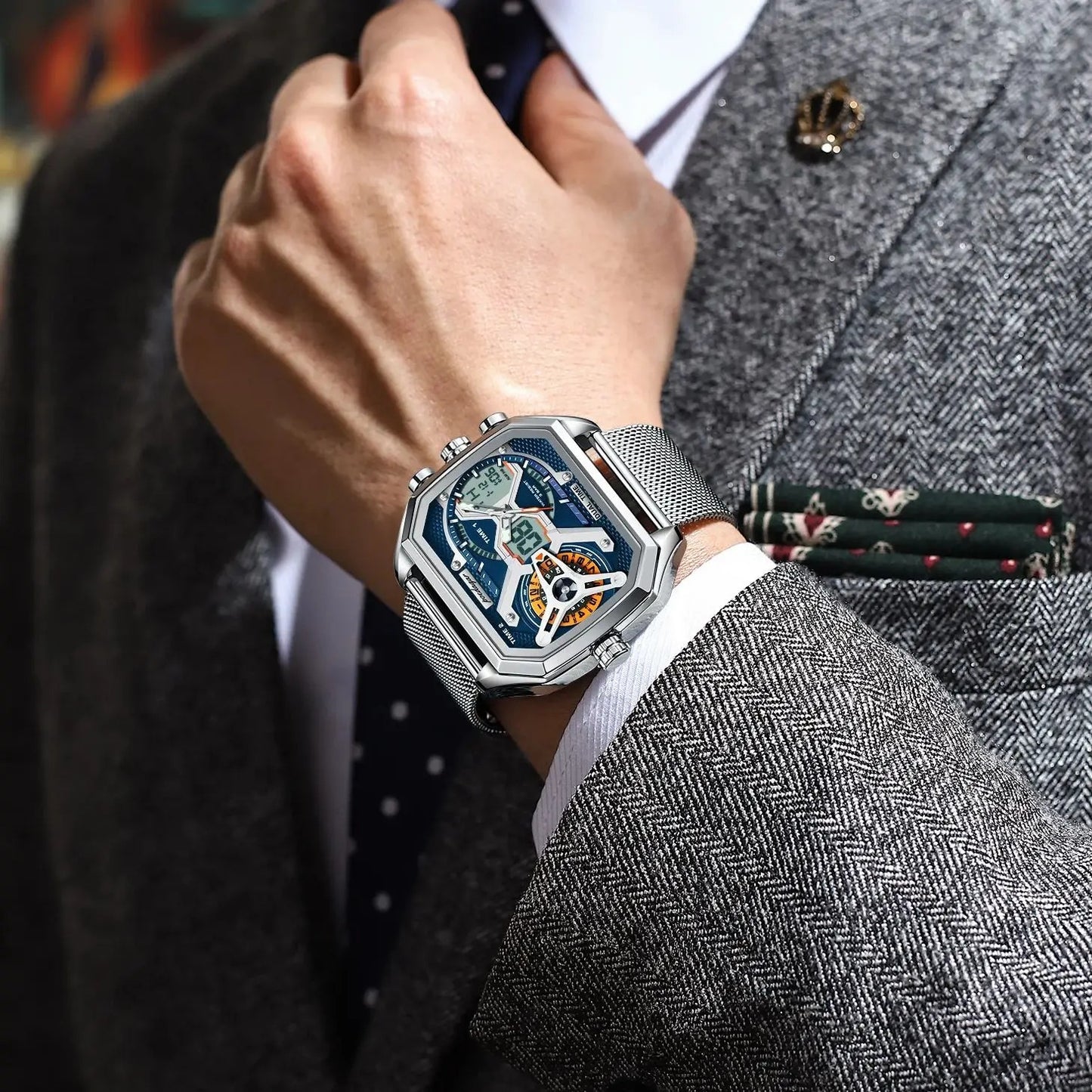 POEDAGAR Luxury Men's Quartz Watches Stainless Steel Mesh LED Waterproof Date